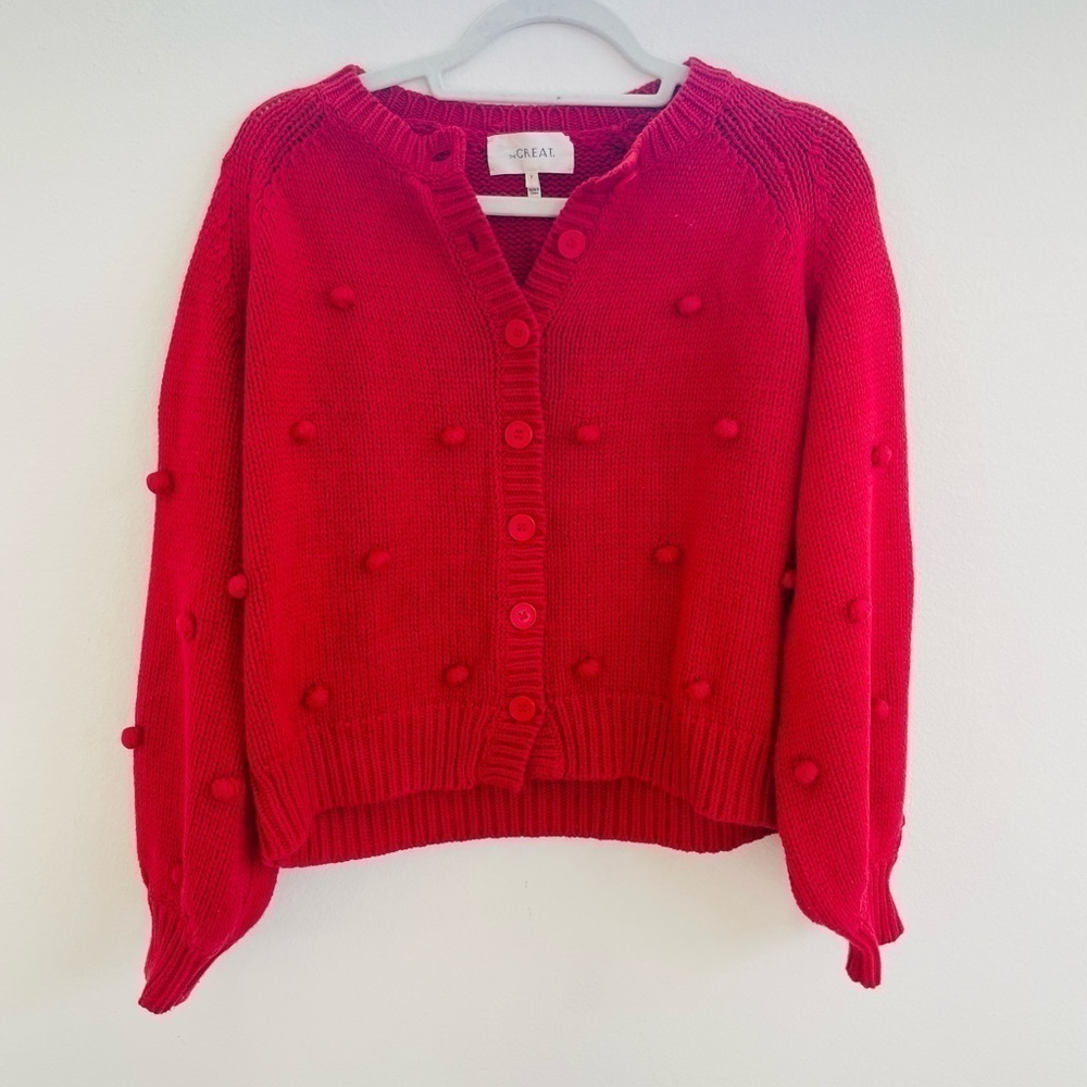 The GREAT. raspberry red Bobble cardigan crewneck sweater M Rare - Picture 3 of 9